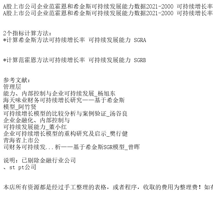 A股上市公司企业范霍恩和希金斯可持续发展能力数据2021-2