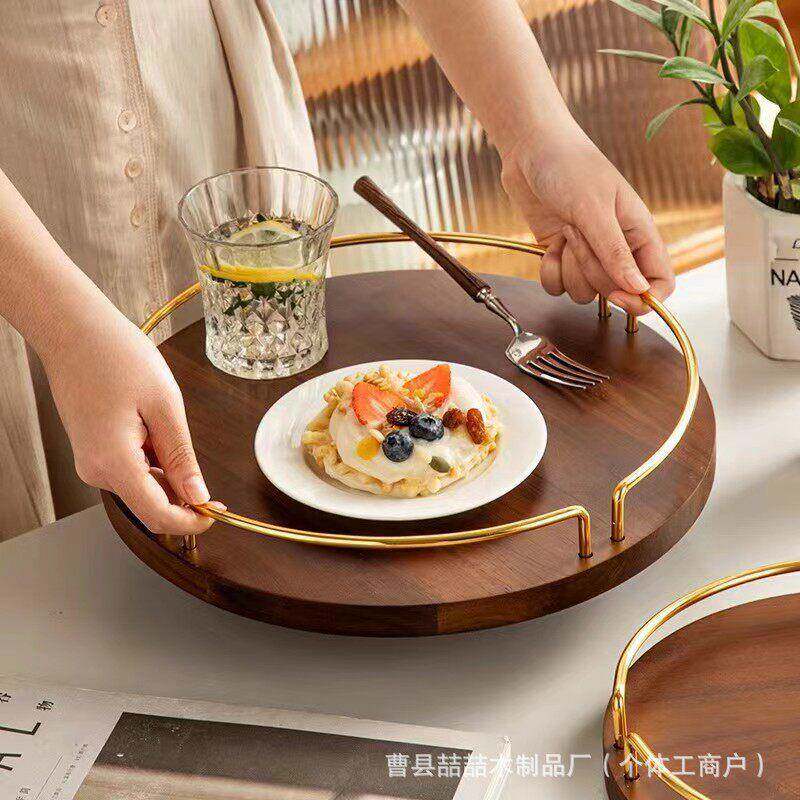 轻奢木质圆形托盘带金属把手餐盘家用面包咖啡盘颜值糕点托盘