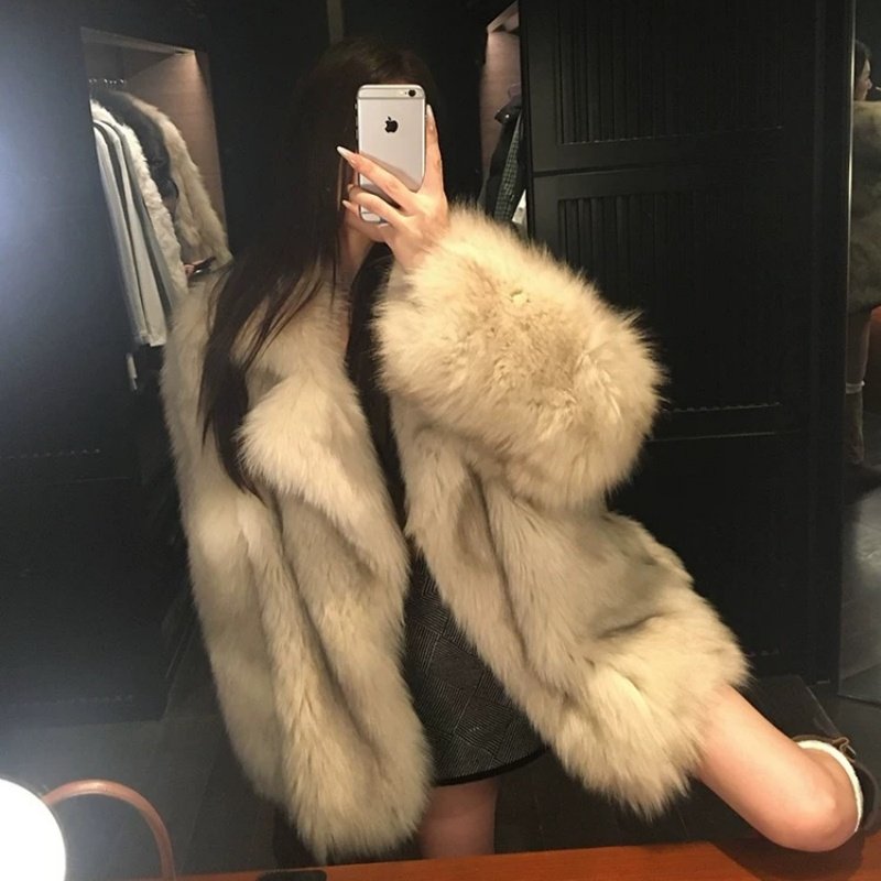 韩版冬季仿狐狸毛年轻气质中长款环保皮草西装领外套显瘦新款大衣