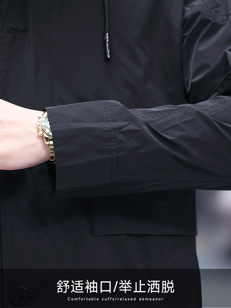 PIERRE CARDIN 2024 NEW MENS MIDDLE-AGED HOODED TRENCH COAT MID-LENGTH CASUAL THIN SPRING AND AUTUMN WINDBREAKER MEN