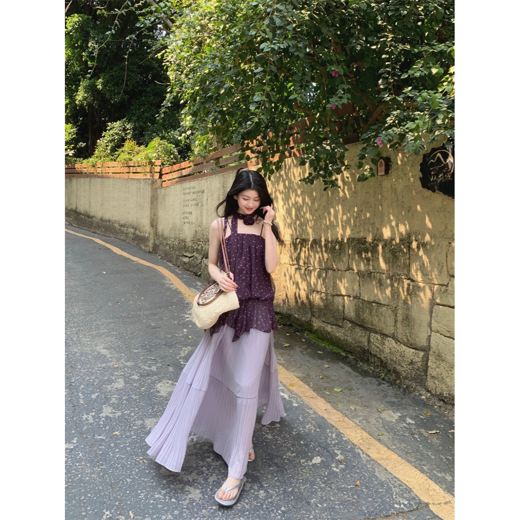 法式度假风套装女2025夏季新款绝美波点吊带背心高腰半身裙两件套