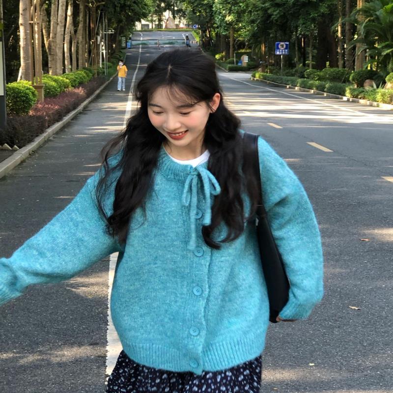 韩系慵懒高级感湖蓝色毛衣外套女秋季软糯中长款浣熊绒针织开衫女