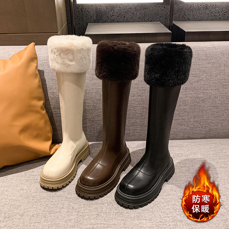 白色毛毛靴子长筒靴女秋冬2025新款洋气小个子厚底显瘦高筒骑士靴