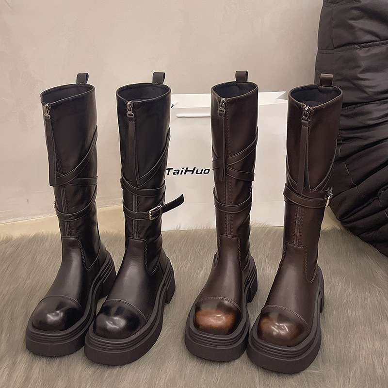 2024秋季圆头高跟女式高筒马丁靴休闲厚底骑士靴PU材质长筒靴
