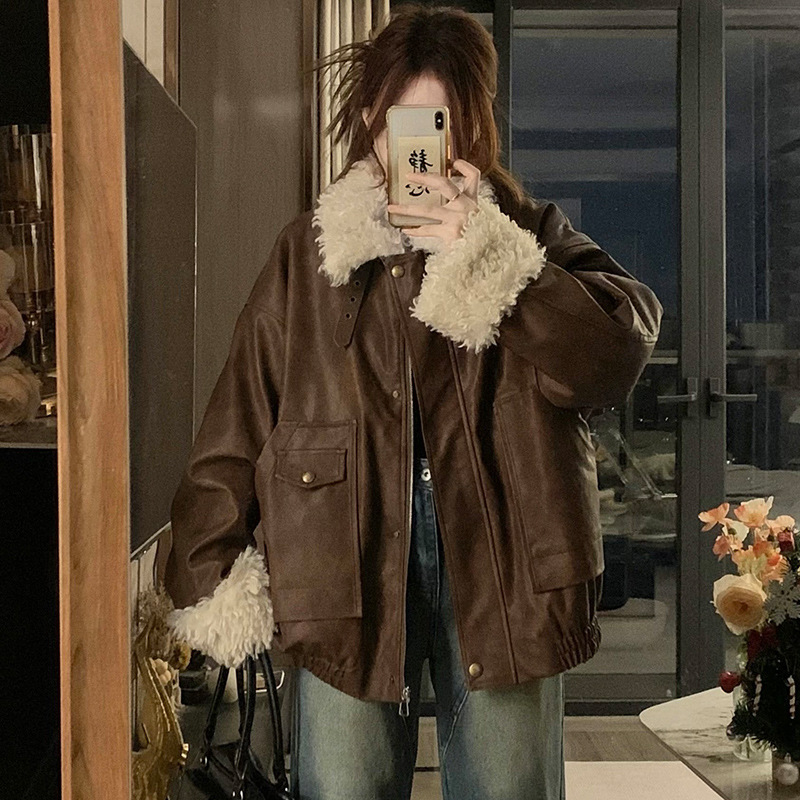 大码加绒加厚皮毛一体皮衣外套女冬季羊羔毛棉服胖MM遮肉显瘦上衣