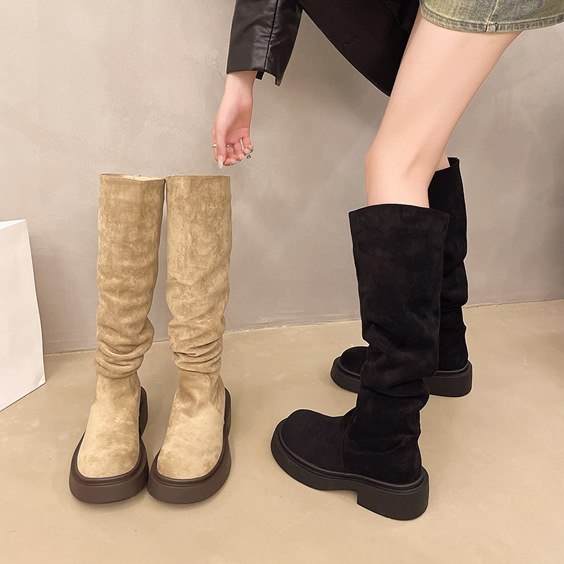粗跟卡其色堆堆靴长筒长靴女鞋2025新款春秋冬季瘦瘦中筒骑士靴子