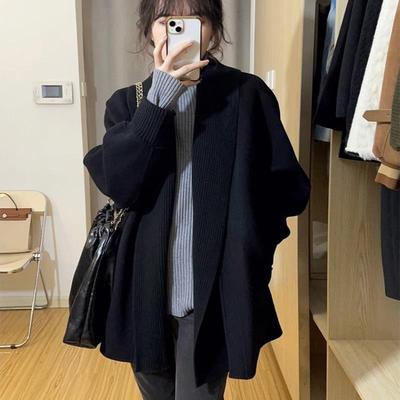 复古法式黑色毛衣外套开衫女秋冬季新款宽松慵懒风中长款针织上衣
