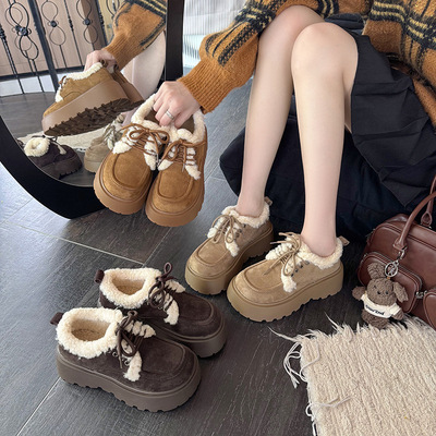 松糕厚底增高英伦风小皮鞋乐福鞋女鞋2025新款冬季加绒雪地靴棉鞋