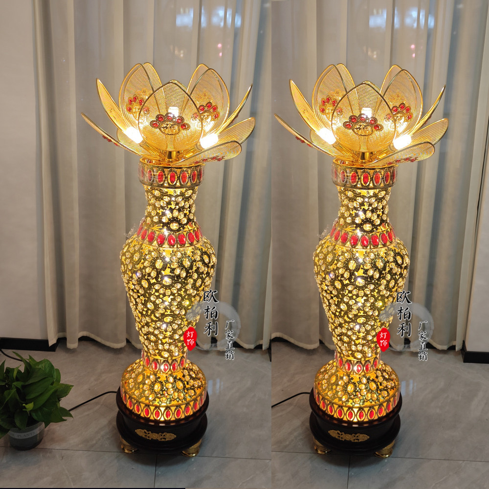 新款 寺庙金色落地水晶灯佛堂佛供奉摆件 莲花落地灯之财源滚滚来