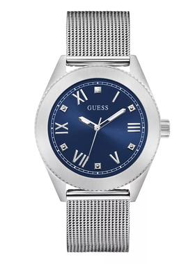 代购GUESS男士腕表防水夜光计时日期金属钢带蓝色银色商务送礼