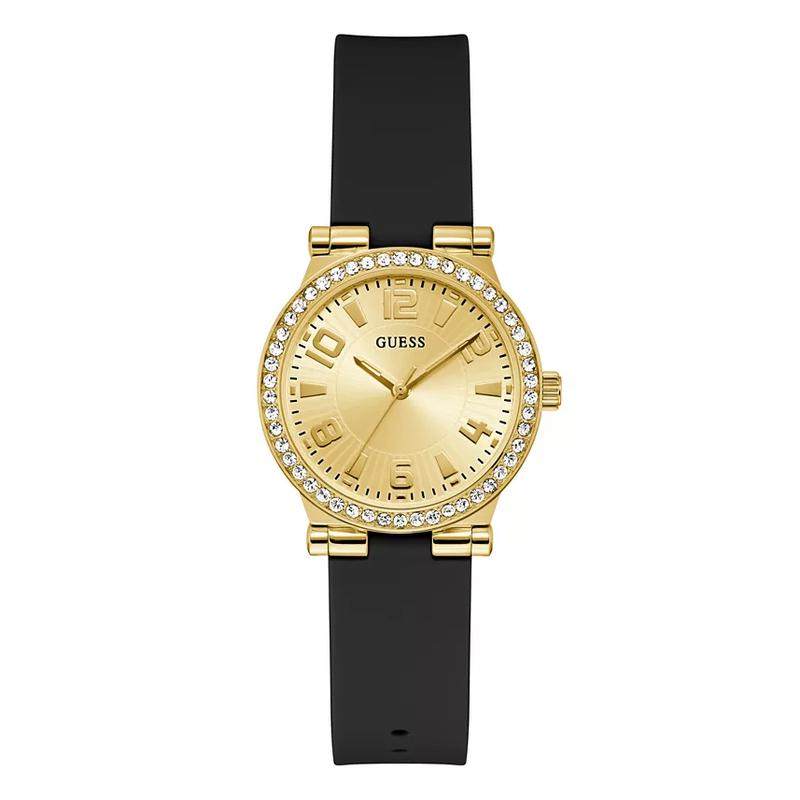 代购GUESS女士腕表防水模拟夜光日期金色硅胶水晶圆形日常通勤