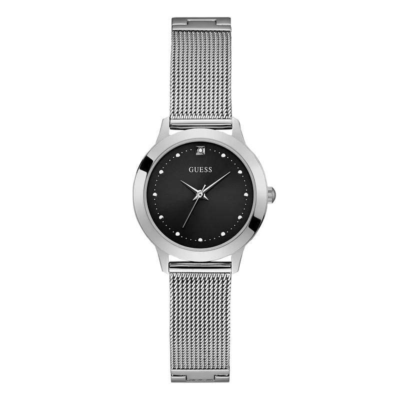 代购GUESS女士腕表防水日期夜光计时钢带金属黑色30mm商务通勤