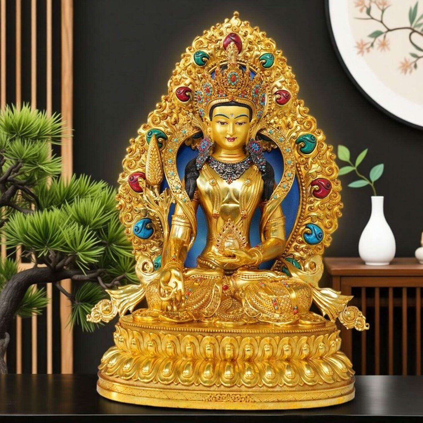 尼泊尔工艺带背光地藏王佛像纯铜手工錾刻镶嵌彩珠地藏菩萨摆件