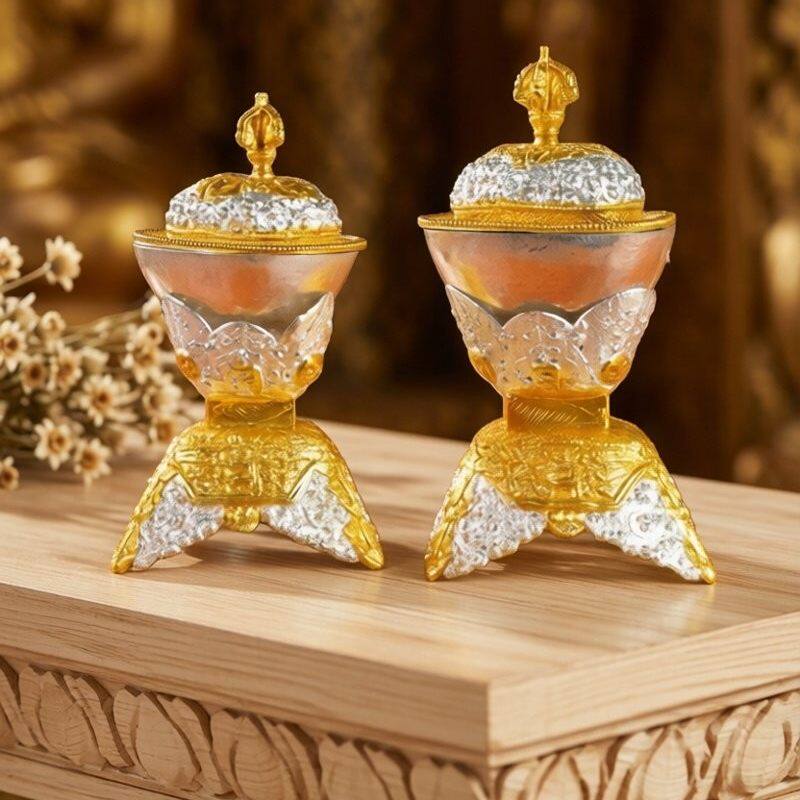 尼泊尔手工铜鎏金鎏银雕花托巴碗供具摆件罐顶碗家用佛前供奉装饰