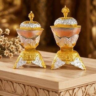 尼泊尔手工铜鎏金鎏银雕花托巴碗供具摆件罐顶碗家用佛前供奉装饰