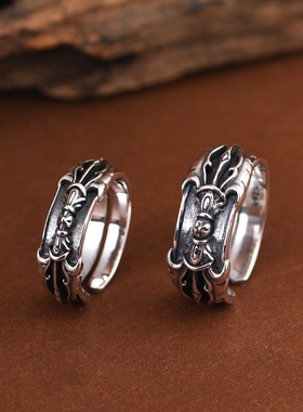 藏式复古做旧S925银戒指梵文文字金刚杵设计新品开口男个性戒指环