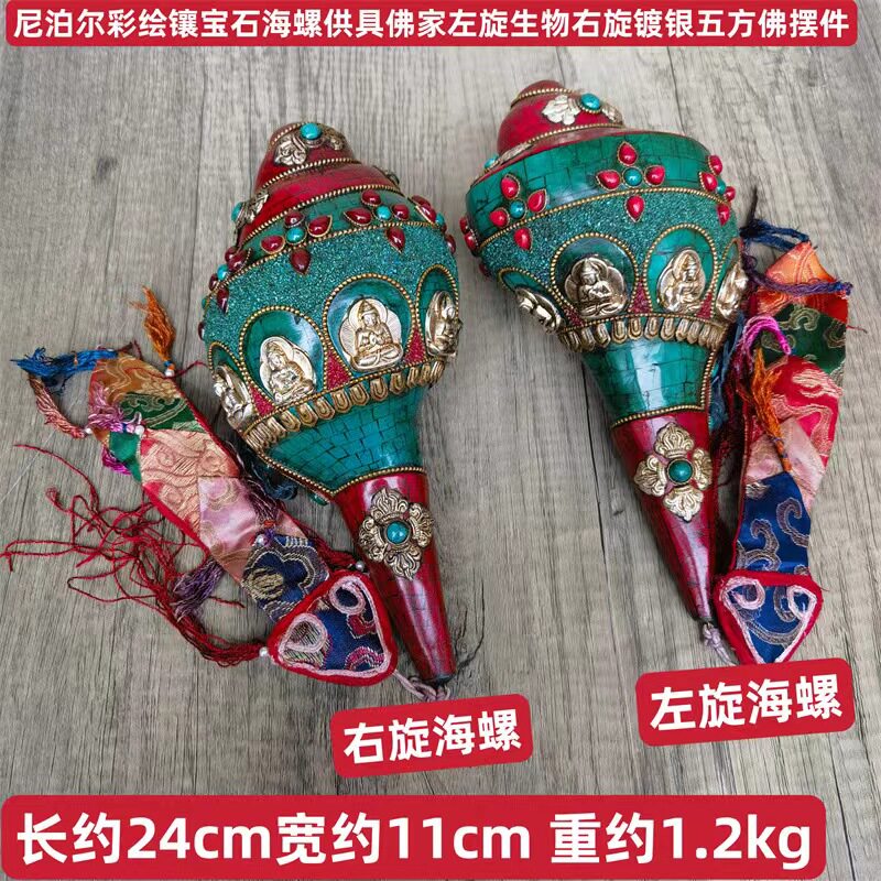 尼泊尔五方佛海螺彩绘镶宝石铃螺号角可吹口响左右旋法螺大号摆件