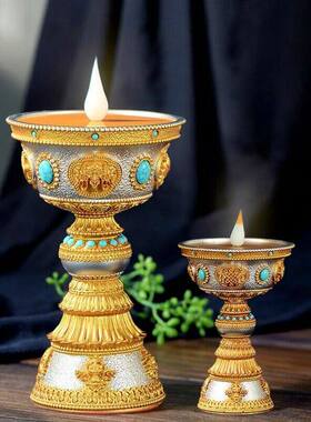 树脂八吉祥雕花LED仿真电子酥油灯佛前灯座蜡烛台长明灯充电供灯