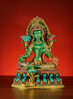 黄铜精工铜雕彩绘绿度母佛像供奉装饰绿多罗观音像摆件5寸/7寸