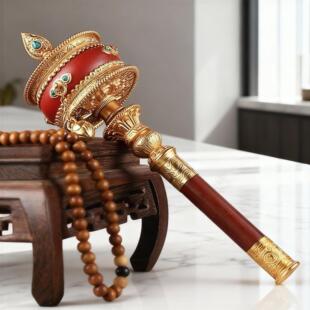 紫檀木手摇转动轮藏式天珠铜镀金加皮刺猬手柄转动轮装饰摆件