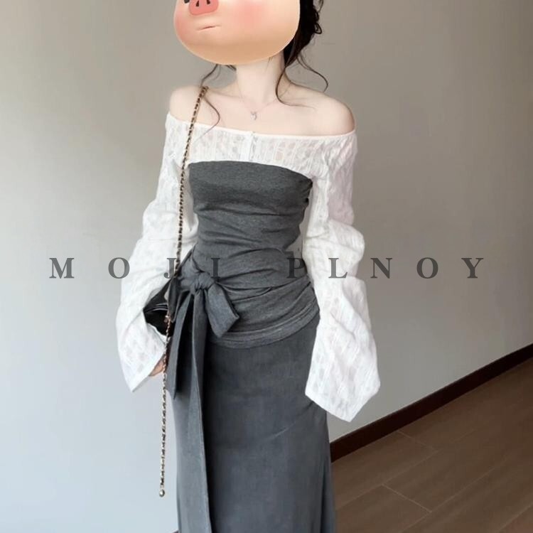秋冬季蕾丝拼接露肩上衣女