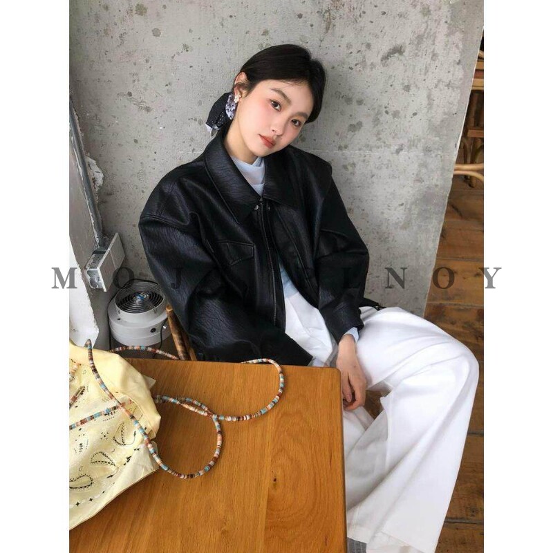 绵羊皮高级复古翻领机车皮夹克