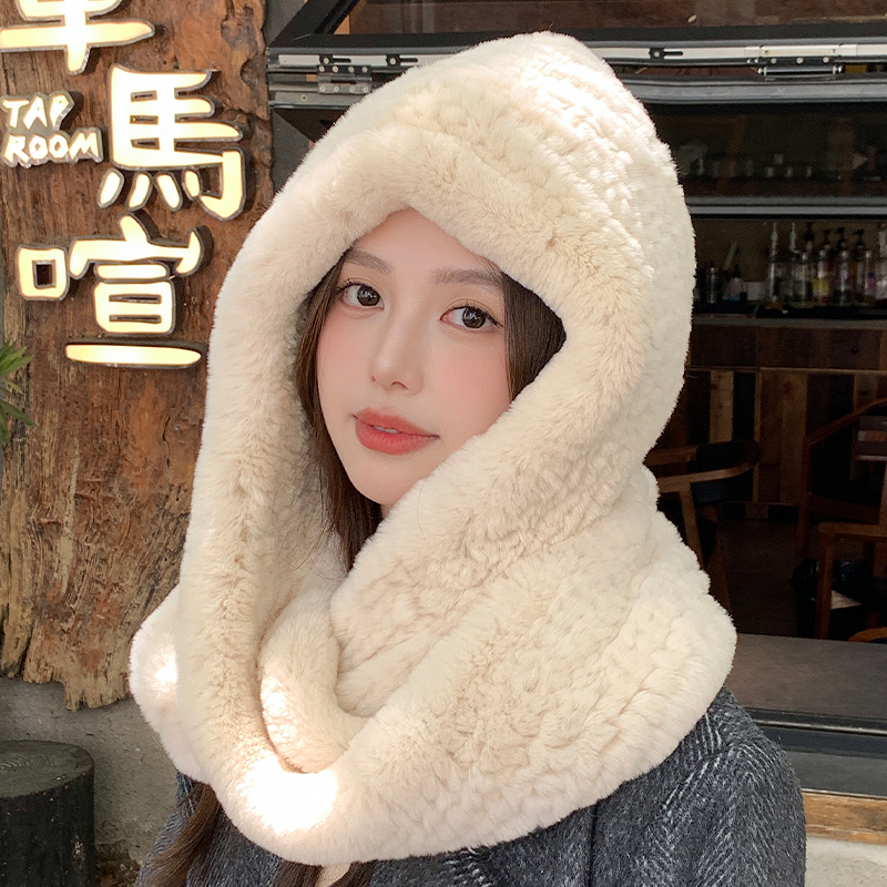 獭兔毛编织帽子围巾一体风雪帽女