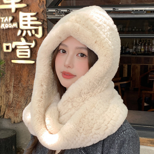獭兔毛编织帽子围巾一体风雪帽女