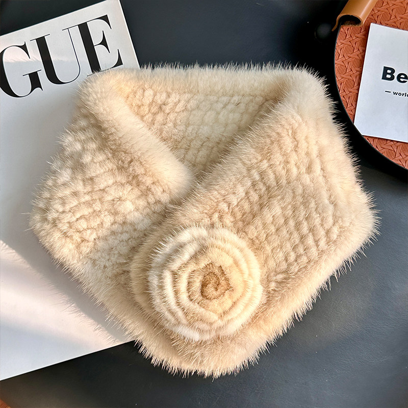 水貂毛皮草编织围巾冬季真毛百搭加厚保暖双面山茶花水貂毛围脖女