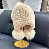 真獭兔毛皮草帽子大狐狸毛球包头帽针织帽冬季 抗寒保暖加厚护耳帽