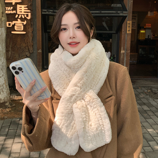 獭兔毛毛围巾加长款韩版纯色双面加厚冬保暖披肩真毛皮草编织围脖