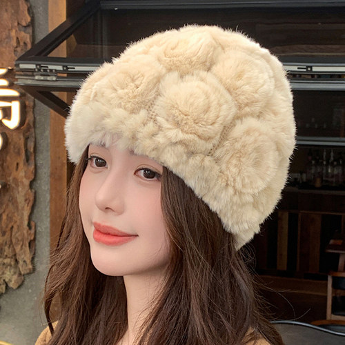 真獭兔毛花朵毛线针织护耳包头帽