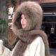 高级感狐狸毛帽子围巾一体风雪帽女秋冬保暖双面加厚毛绒护耳帽子