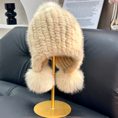 百搭水貂帽子女冬季 可爱狐狸毛球貂毛皮草帽子毛毛加厚护耳保暖潮