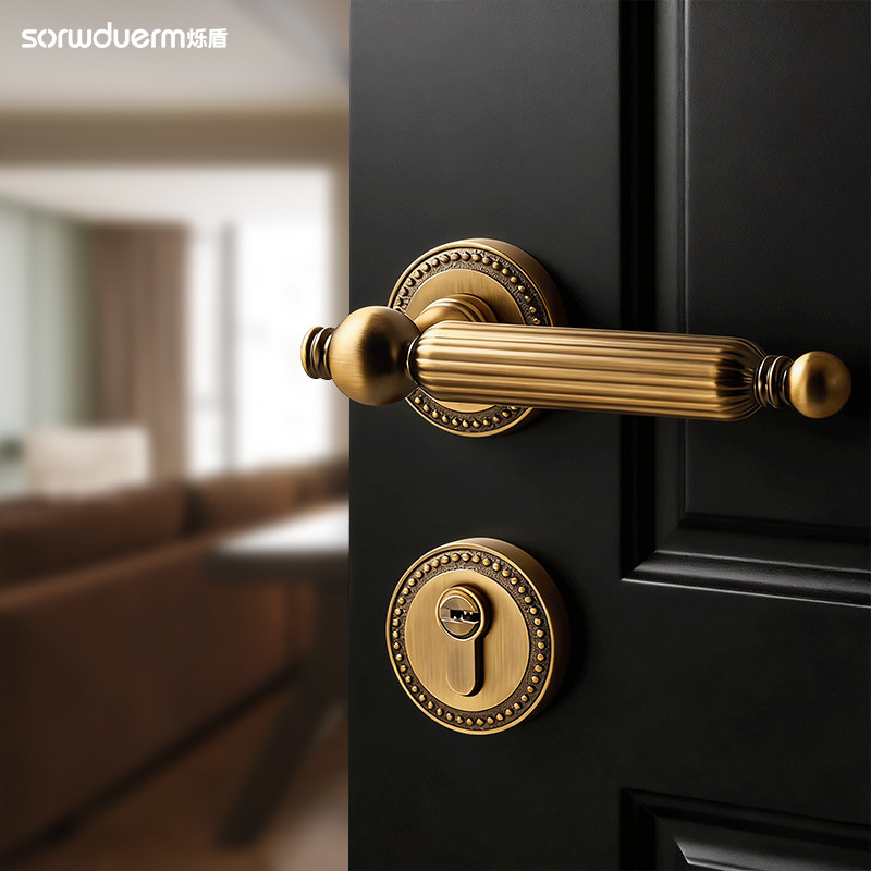 烁盾复古法式室内门锁黄古铜分体磁吸房门锁静音木门锁卧室门把手