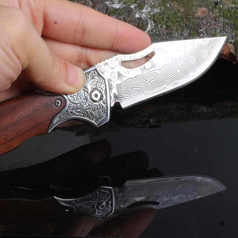 外贸VG10大马士革钢折叠刀便携水果刀户外露营防身小刀锋利高硬度