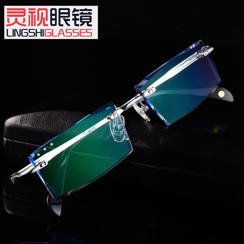 纯钛镶钻石无框切边近视眼镜配镜成品男眼镜框眼镜架韩版潮近视镜