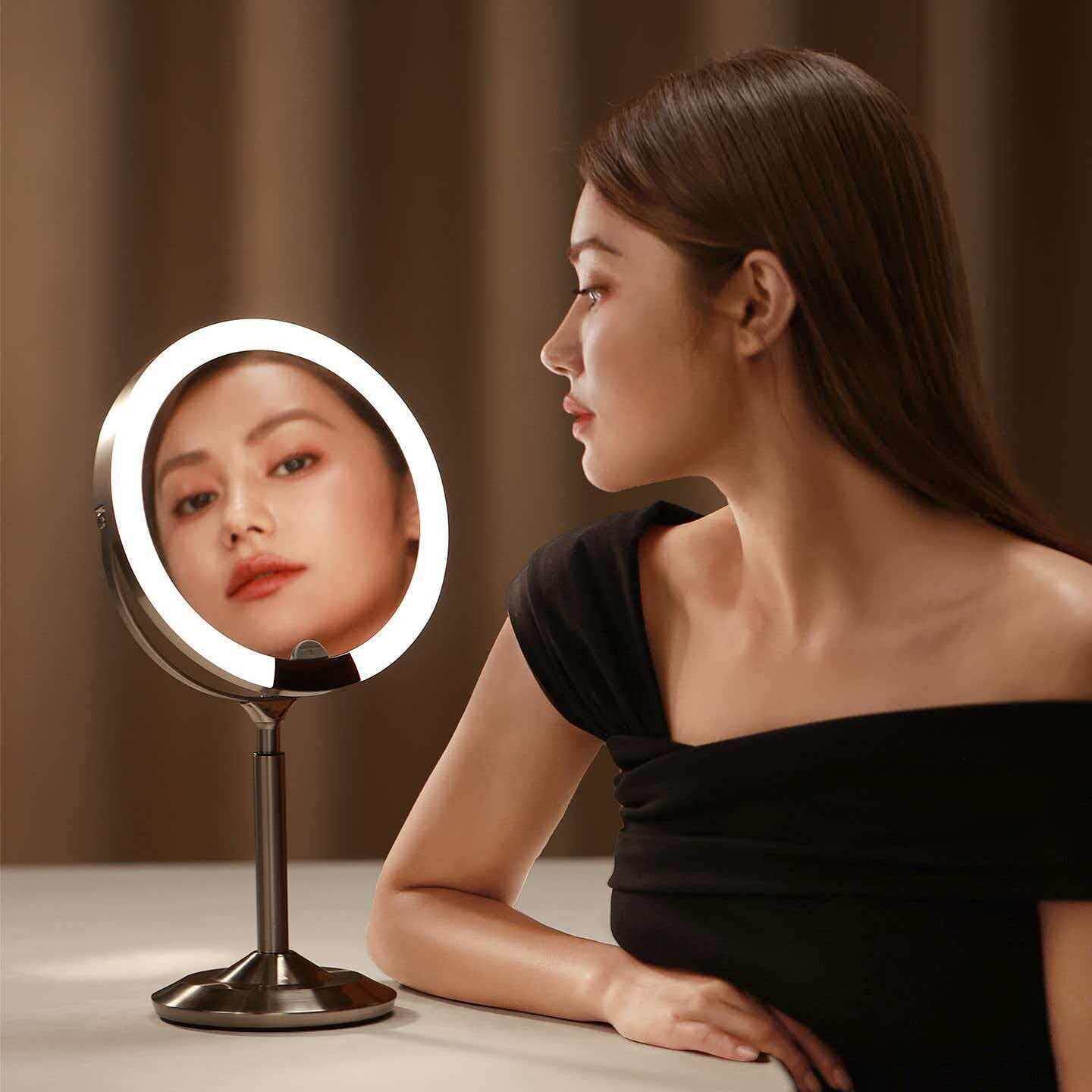 化妆镜带灯桌面台式可升降双面梳妆镜高清家用轻奢美妆镜子化妆镜