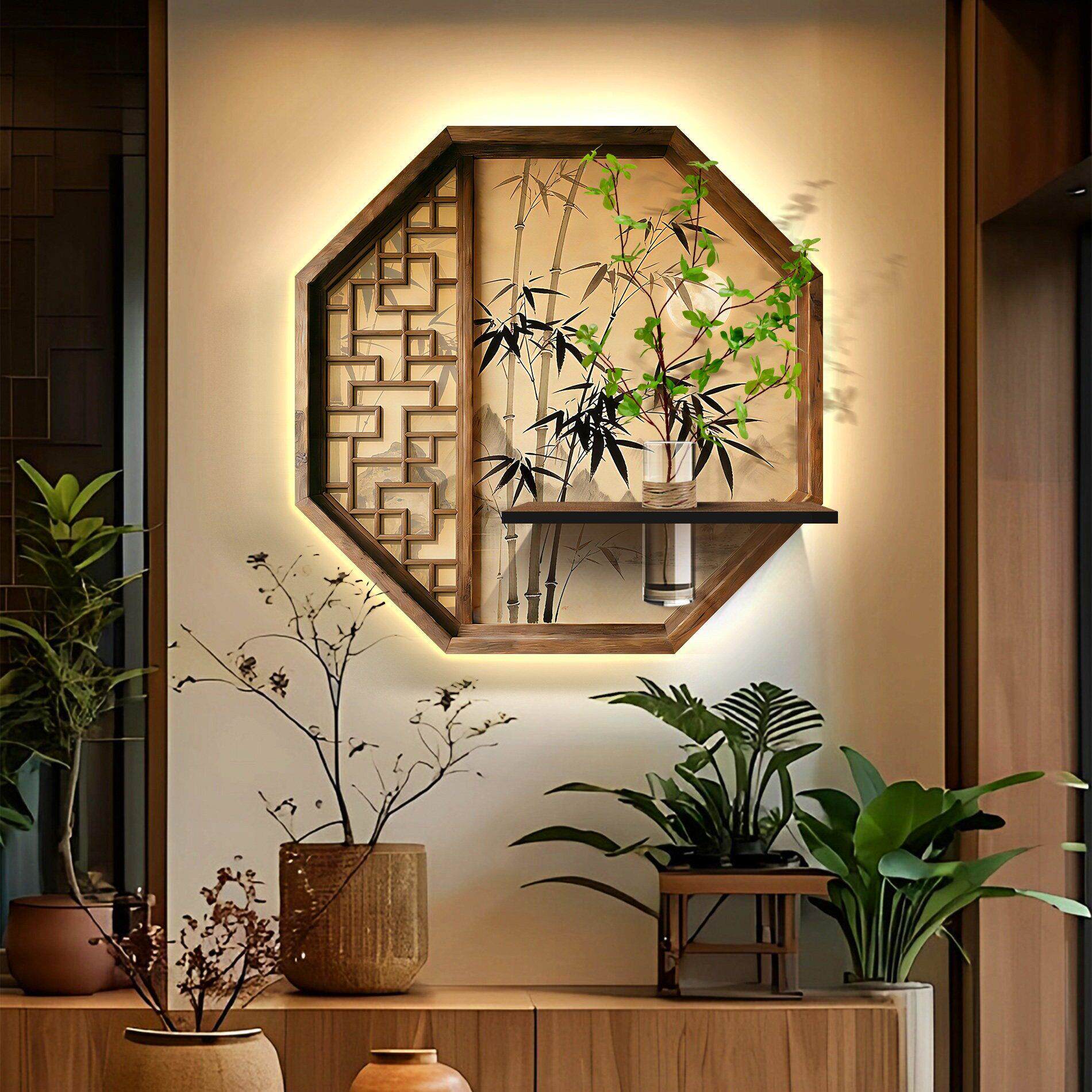 宋代美学茶室氛围布置挂画玄关走道背景墙壁灯画茶楼带绿植装饰画