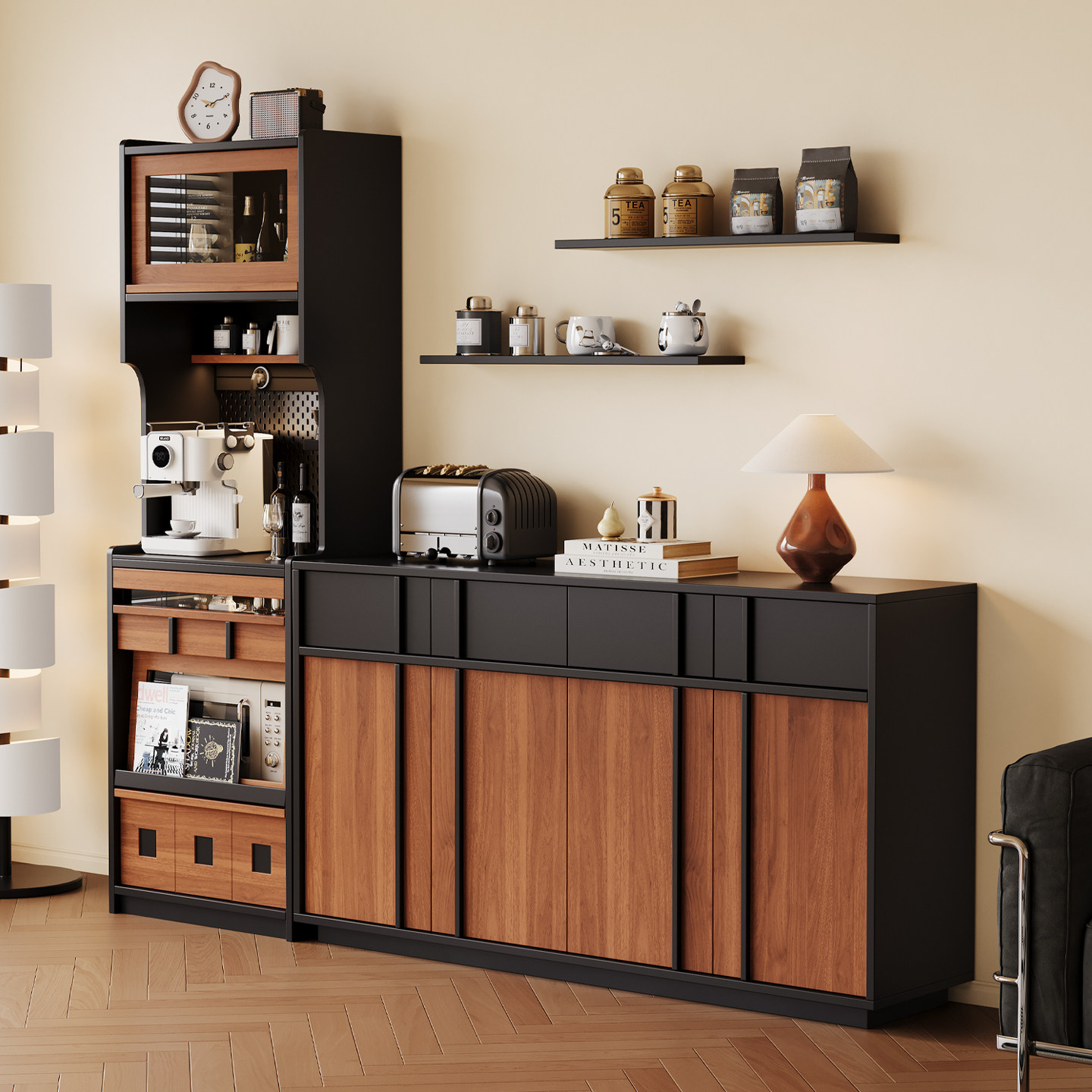 中古风岩板餐边柜靠墙一体客厅高低组合茶水橱柜沙发窄侧置物柜子