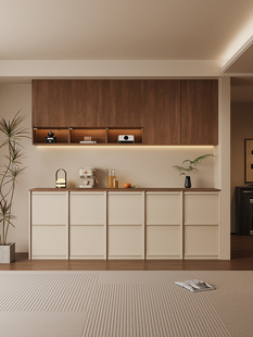 中世纪风格靠墙餐具柜一体化胡桃木隔断入口柜客厅覆古骨线收纳柜