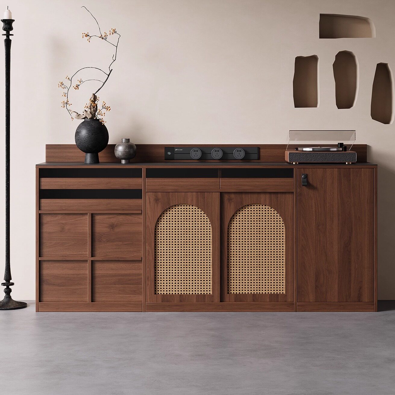 高端实木餐边柜一体靠墙茶水藤编置物柜中古风岩板推拉门储物橱柜