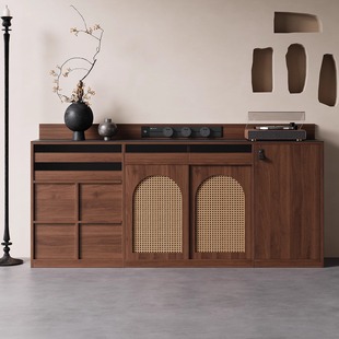 高端实木餐边柜一体靠墙茶水藤编置物柜中古风岩板推拉门储物橱柜