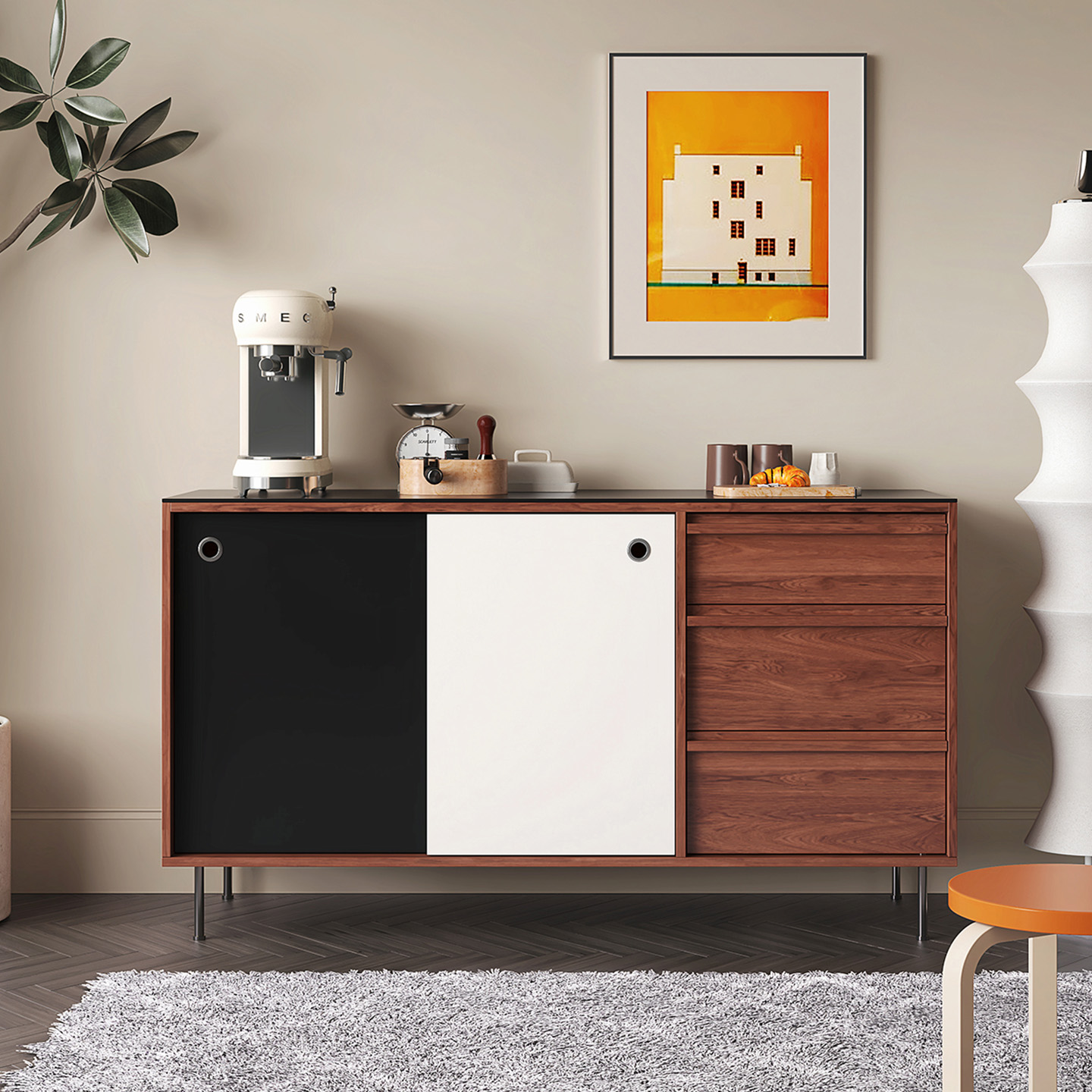 中古风餐边柜靠墙一体客厅置物柜黑胡桃色实木玄关柜储物小矮柜子