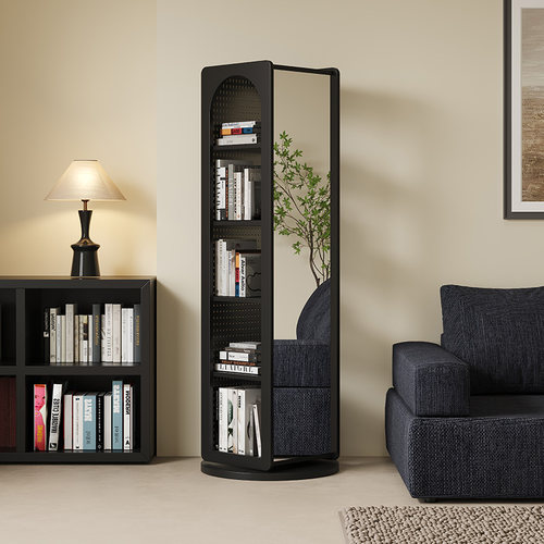 实木落地穿衣镜洞洞板一体家用旋转高清全身镜子可移动书柜储物柜