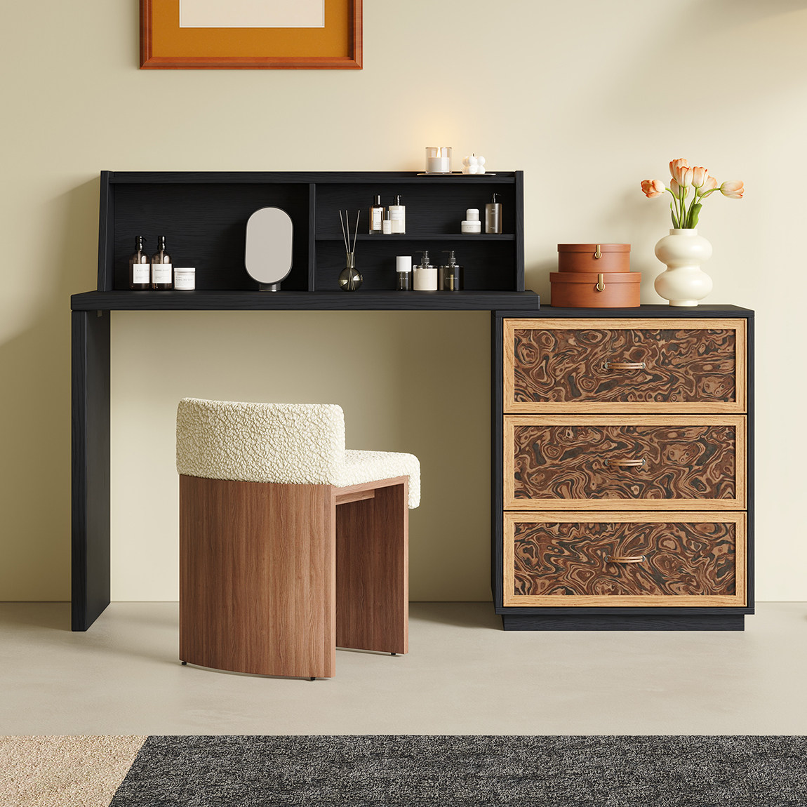 新中式梳妆台斗柜一体可伸缩化妆桌复古小户型卧室转角床尾收纳柜