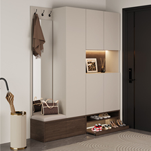 意式极简鞋柜收纳柜一体靠墙带换鞋凳高柜穿衣镜衣帽架实木玄关柜