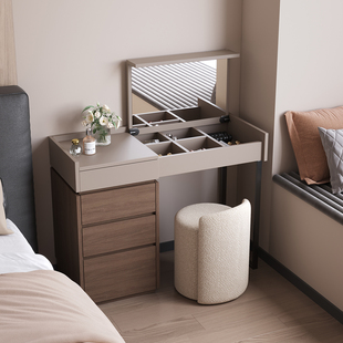 极简小型梳妆台翻盖化妆桌卧室床尾实木斗柜收纳斗柜隐藏镜子新款
