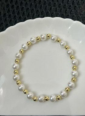 施家正圆强光弹力松紧手链14k小金珠轻奢高级感冷白色手串珠小众