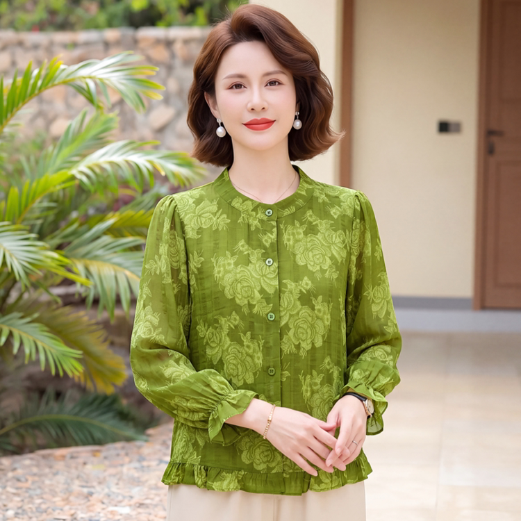 优雅中老年女士绿色花卉图案薄款衬衫